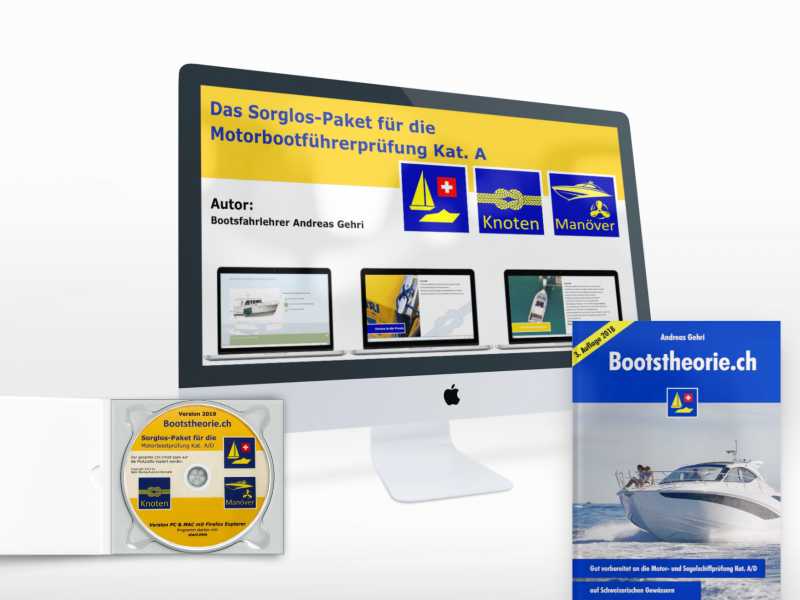 Alles dabei für die Bootsprüfung Motorboot Kat. A in der Schweiz. Originale Theoriefragen, Tutorials mit Knoten & Hafenmanöver vom Bootsfahrlehrer.