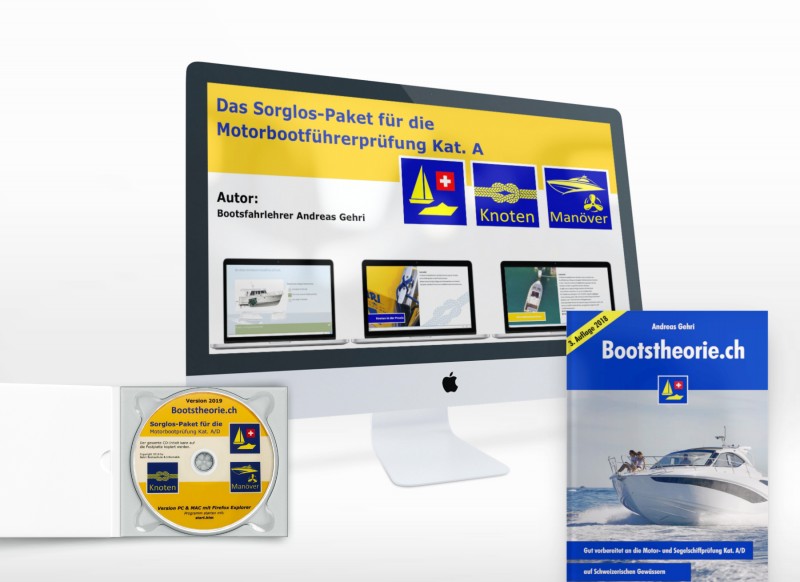 Alles dabei für die Bootsprüfung Motorboot Kat. A in der Schweiz. Originale Theoriefragen, Tutorials mit Knoten & Hafenmanöver vom Bootsfahrlehrer.