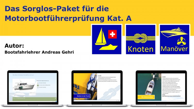 Alles dabei für die Bootsprüfung Motorboot Kat. A in der Schweiz. Originale Theoriefragen, Tutorials mit Knoten & Hafenmanöver vom Bootsfahrlehrer.